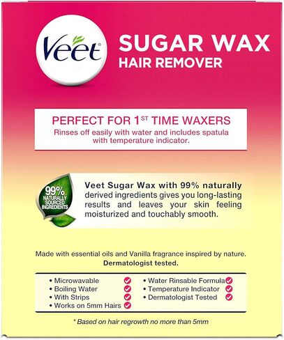 Hair Removal Wax- VEET Sugar Wax, Hair Remover Waxing Kit with Essential Oils and Floral Vanilla Fragrance, 250ml Wax and 12 Fabric Strips with 1 Spatula (Pack of 2) in Kuwait