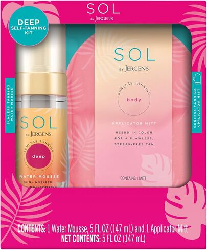 SOL by Jergens Self Tanner Water Mousse in Deep Self Tanning Kit, Dye-free Sunless Tanning Foam and Tanning Mitt, Cruelty Free, Vegan Friendly Self Tanning Mousse, 5 Oz + 1 Mitt in Kuwait
