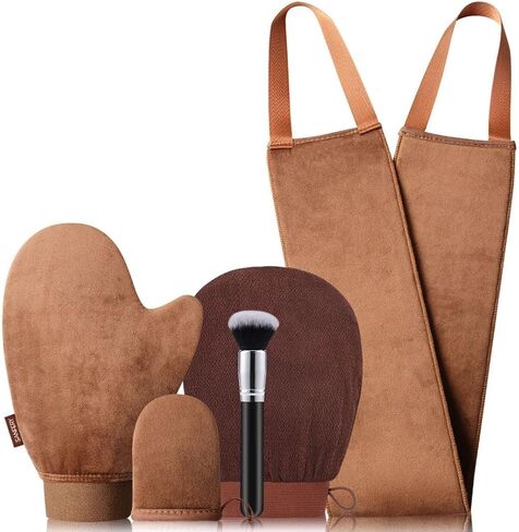 Sanfery Self Tanner Mitt - أداة تطبيق قفاز التسمير الذاتي مع براءة اختراع أمريكية، قفاز تسمير البشرة لأداة تسمير البشرة الذاتية، أداة توزيع المكياج الخلفية، قفاز تسمير ذاتي صغير، 3 مجموعات من قفازات تسمير البشرة الذاتية، قفاز أسمر in Saudi Arabia