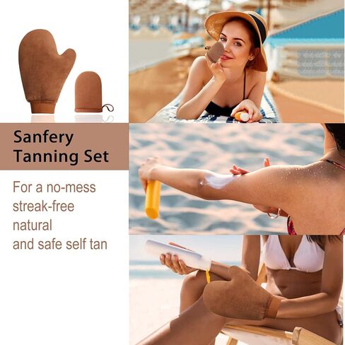 Sanfery Self Tanner Mitt - أداة تطبيق قفاز التسمير الذاتي مع براءة اختراع أمريكية، قفاز تسمير البشرة لأداة تسمير البشرة الذاتية، أداة توزيع المكياج الخلفية، قفاز تسمير ذاتي صغير، 3 مجموعات من قفازات تسمير البشرة الذاتية، قفاز أسمر in Saudi Arabia