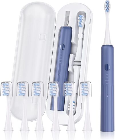 SARMOCARE Sonic Electric Toothbrush with 6 Replacement Heads and Premium Travel Case, 4 Modes, Rechargeable Power Toothbrush, Navy Blue M300 in Saudi Arabia