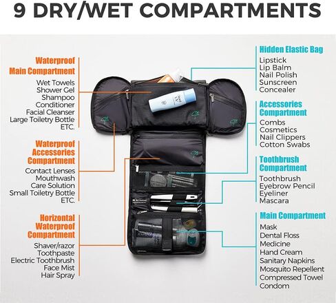 حقيبة أدوات الزينة للرجال من Bee Nesting حقيبة سفر احترافية للنساء مع خطاف تعليق، حقيبة مكياج كبيرة مقاومة للماء للإكسسوارات والشامبو والحلاقة وأدوات الزينة، سعة قابلة للتحويل 1-3 لتر (أسود) in Kuwait