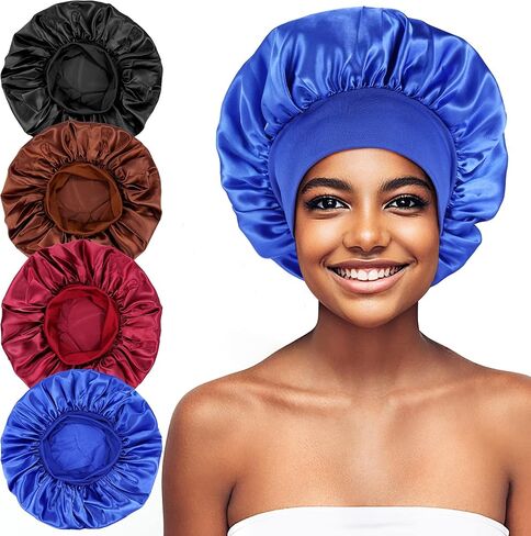 Silk Bonnet for Sleeping, 4 PCS Hair Wrap Sleeping Satin Bonnet For Women- Extra Soft Elastic Band Silk Hair Wrap for Curly Hair& Natural Hair in Kuwait