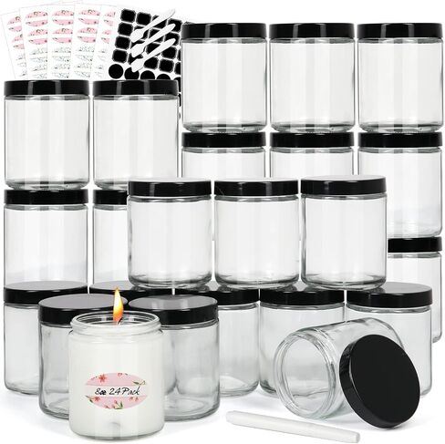 EkkoVla 24 Pack 8 oz Amber Round Glass Jars with 24 Black Lids, Candle Making Jar, Empty Refillable Cosmetic Containers for Lotions, Face Creams, Body Butter, Powders, Ointments, Beauty Products in Saudi Arabia