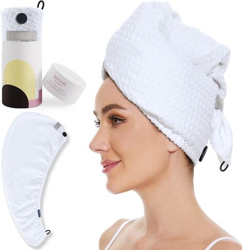 BYCOO Waffle Hair Towel Wrap, Large Microfiber Hair Drying Towels With Button&Elastic, Anti Frizz Head Towle|Super Absorbent | Soft Quick Dry Hair Turban for Women & Wet, Curly, Long &Thick Hair-White in Saudi Arabia
