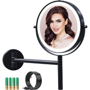 Upgraded Wall Mounted Makeup Mirror, 8'' Rechargeable Double Sided 1X/10X Magnifying Mirror, 360° Swing Handle Lighted Bathroom Vanity Mirror, 3 Color Lights Touch Screen Dimmable Extendable (Black) in Saudi Arabia