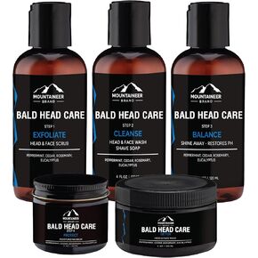 Mountaineer Brand Ultimate Bald Head Care Gifts Bundle For Men | All Natural 5 Step Skin Care for Healthy Scalp & Face | Exfoliate Scrub | Cleanse Wash | Shine Away | Moisturizing Balm | Detox