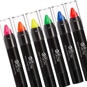 UV Glow - Neon UV Paint Stick/Face & Body Crayon - Set of 6 Colours. Genuine and original UV Glow product - glows brightly under Blacklights!