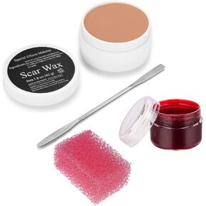 Sfx Makeup Special Effects Makeup Kit with Scar Wax (1.6 Oz),Halloween Makeup Fake Blood Gel(1.06Oz),Makeup Spatula,Nude Color Putty,Pink Stipple Sponge Fake Wound Moulding Scars Wax Set