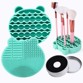 Silicon Makeup Brush Cleaner Mat with Brush Drying manual Make up brush cleaner cleanser machine Cosmetic Brush Cleaner Pad+Makeup Brush Dry Cleaned Quick Color Removal Sponge Scrubber Tool (Green)