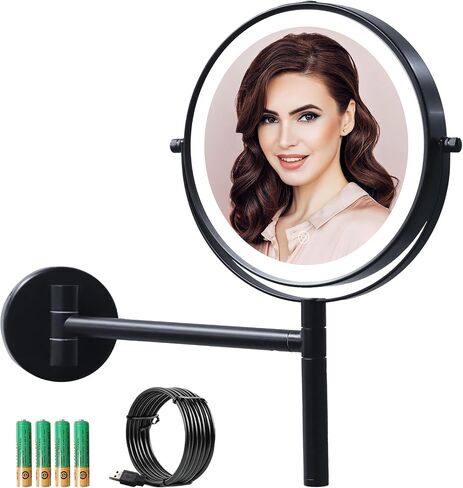 Upgraded Wall Mounted Makeup Mirror, 8'' Rechargeable Double Sided 1X/10X Magnifying Mirror, 360° Swing Handle Lighted Bathroom Vanity Mirror, 3 Color Lights Touch Screen Dimmable Extendable (Black) in Saudi Arabia