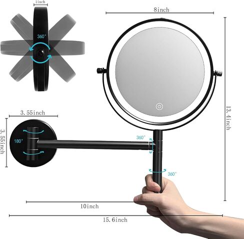 Upgraded Wall Mounted Makeup Mirror, 8'' Rechargeable Double Sided 1X/10X Magnifying Mirror, 360° Swing Handle Lighted Bathroom Vanity Mirror, 3 Color Lights Touch Screen Dimmable Extendable (Black) in Saudi Arabia