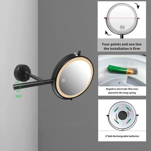 Upgraded Wall Mounted Makeup Mirror, 8'' Rechargeable Double Sided 1X/10X Magnifying Mirror, 360° Swing Handle Lighted Bathroom Vanity Mirror, 3 Color Lights Touch Screen Dimmable Extendable (Black) in Saudi Arabia
