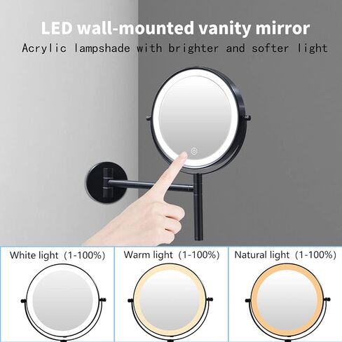 Upgraded Wall Mounted Makeup Mirror, 8'' Rechargeable Double Sided 1X/10X Magnifying Mirror, 360° Swing Handle Lighted Bathroom Vanity Mirror, 3 Color Lights Touch Screen Dimmable Extendable (Black) in Saudi Arabia