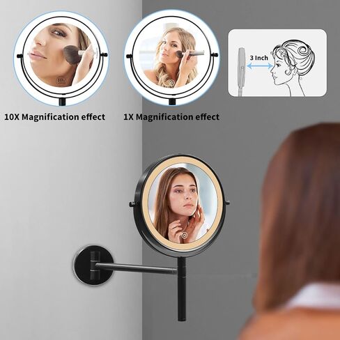 Upgraded Wall Mounted Makeup Mirror, 8'' Rechargeable Double Sided 1X/10X Magnifying Mirror, 360° Swing Handle Lighted Bathroom Vanity Mirror, 3 Color Lights Touch Screen Dimmable Extendable (Black) in Saudi Arabia