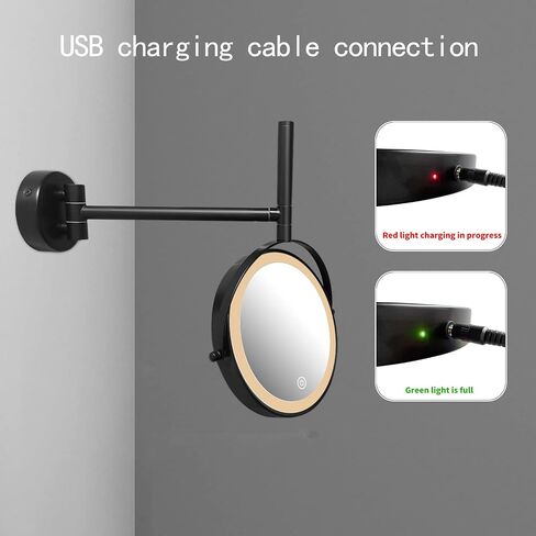 Upgraded Wall Mounted Makeup Mirror, 8'' Rechargeable Double Sided 1X/10X Magnifying Mirror, 360° Swing Handle Lighted Bathroom Vanity Mirror, 3 Color Lights Touch Screen Dimmable Extendable (Black) in Saudi Arabia