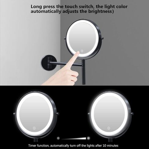 Upgraded Wall Mounted Makeup Mirror, 8'' Rechargeable Double Sided 1X/10X Magnifying Mirror, 360° Swing Handle Lighted Bathroom Vanity Mirror, 3 Color Lights Touch Screen Dimmable Extendable (Black) in Saudi Arabia