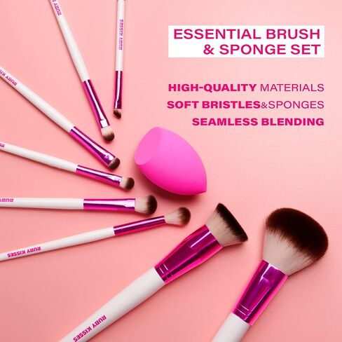 مجموعة فرش مكياج روبي كيسيز بودرة، مزج، ظلال عيون، حواجب، فرشاة تحديد العيون وسبولي، إسفنجة مزج، مجموعة من 9 قطع in Kuwait