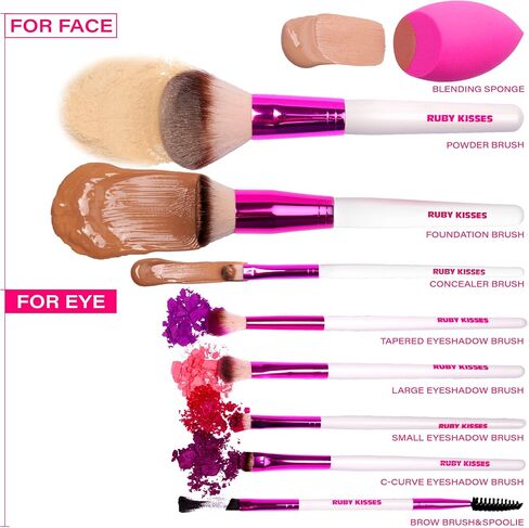 مجموعة فرش مكياج روبي كيسيز بودرة، مزج، ظلال عيون، حواجب، فرشاة تحديد العيون وسبولي، إسفنجة مزج، مجموعة من 9 قطع in Kuwait