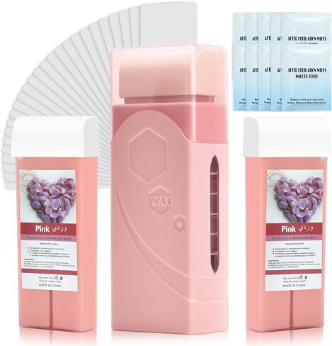 Roll On Waxing Kit, Depilatory Roll On Wax Warmer for Hair Removal with 2 Rose Cartridges Refill 10 Wax-removing Wipes and 100pcs Wax Strips, At Home Waxing Kit for Women and Men in Kuwait