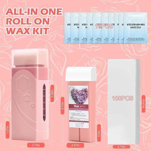 Roll On Waxing Kit, Depilatory Roll On Wax Warmer for Hair Removal with 2 Rose Cartridges Refill 10 Wax-removing Wipes and 100pcs Wax Strips, At Home Waxing Kit for Women and Men in Kuwait