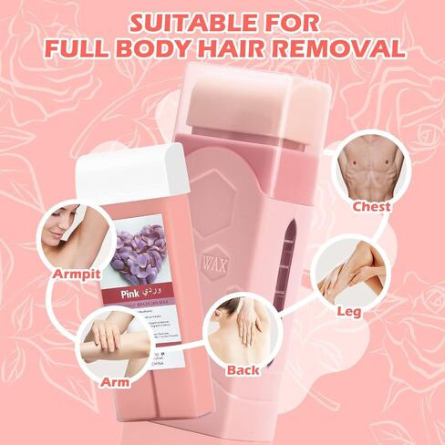 Roll On Waxing Kit, Depilatory Roll On Wax Warmer for Hair Removal with 2 Rose Cartridges Refill 10 Wax-removing Wipes and 100pcs Wax Strips, At Home Waxing Kit for Women and Men in Kuwait