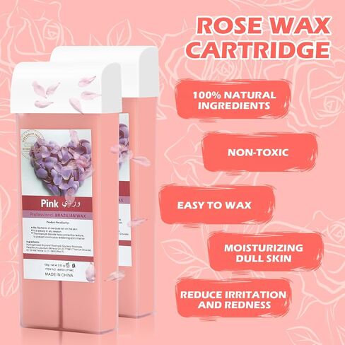 Roll On Waxing Kit, Depilatory Roll On Wax Warmer for Hair Removal with 2 Rose Cartridges Refill 10 Wax-removing Wipes and 100pcs Wax Strips, At Home Waxing Kit for Women and Men in Kuwait
