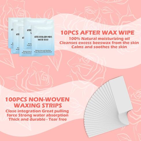 Roll On Waxing Kit, Depilatory Roll On Wax Warmer for Hair Removal with 2 Rose Cartridges Refill 10 Wax-removing Wipes and 100pcs Wax Strips, At Home Waxing Kit for Women and Men in Kuwait