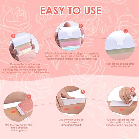 Roll On Waxing Kit, Depilatory Roll On Wax Warmer for Hair Removal with 2 Rose Cartridges Refill 10 Wax-removing Wipes and 100pcs Wax Strips, At Home Waxing Kit for Women and Men in Kuwait