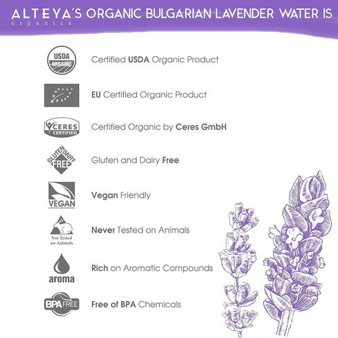 Alteya Organics Lavender Water USDA Certified Organic Facial Toner, 2 Fl Oz/60mL Pure Bulgarian Lavandula Angustifolia Flower Water, Award-Winning Moisturizer Amber Glass Spray Bottle in Kuwait