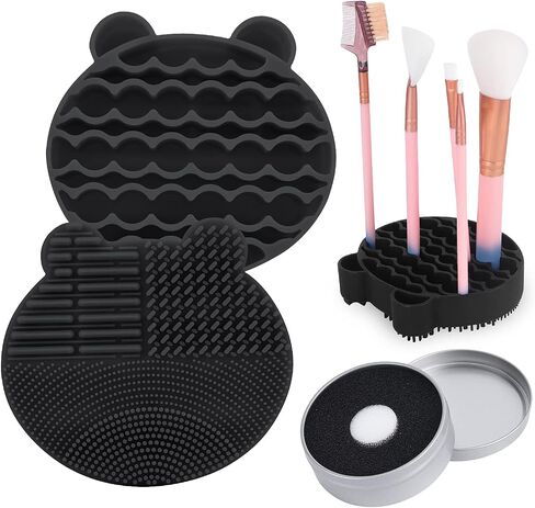 Silicon Makeup Brush Cleaner Mat with Brush Drying manual Make up brush cleaner cleanser machine Cosmetic Brush Cleaner Pad+Makeup Brush Dry Cleaned Quick Color Removal Sponge Scrubber Tool (Green) in Kuwait