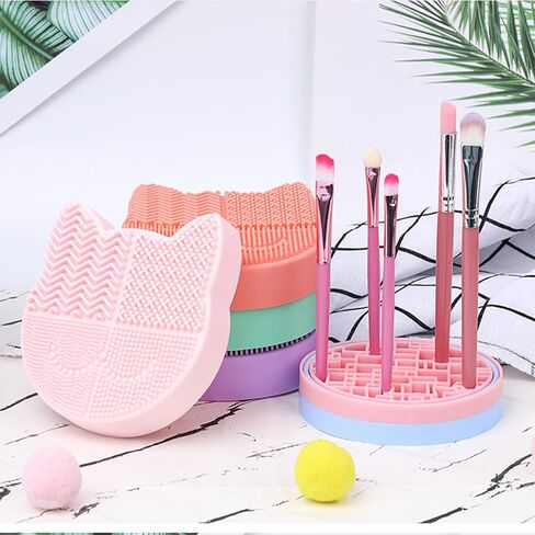 Silicon Makeup Brush Cleaner Mat with Brush Drying manual Make up brush cleaner cleanser machine Cosmetic Brush Cleaner Pad+Makeup Brush Dry Cleaned Quick Color Removal Sponge Scrubber Tool (Green) in Kuwait