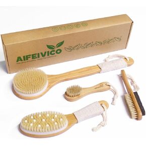 AIFEIVICO Dry Brushing Body Brush, 4 Pack Exfoliating Dry Brush, Long Handle Shower Brush, Face Brush, Feet Brush, Natural Boar Bristles & Massage Nodules Brush for Lymphatic Drainage, Cellulite in Saudi Arabia