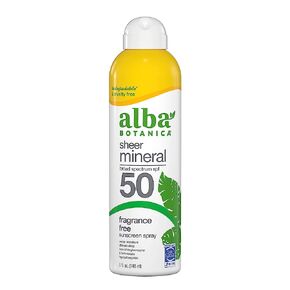 Alba Botanica Sunscreen for Face and Body, Fragrance-Free Sheer Mineral Sunscreen Spray, Broad Spectrum SPF 50, Water Resistant and Biodegradable, 5 fl. oz. Bottle
