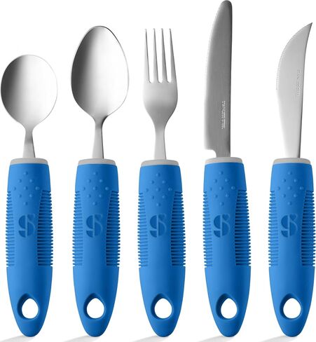 Special Supplies Adaptive Utensils (5-Piece Kitchen Set) Wide, Non-Weighted, Non-Slip Handles for Hand Tremors, Arthritis, Parkinson’s or Elderly Use - Stainless Steel Knives, Fork, Spoons - Blue in Saudi Arabia