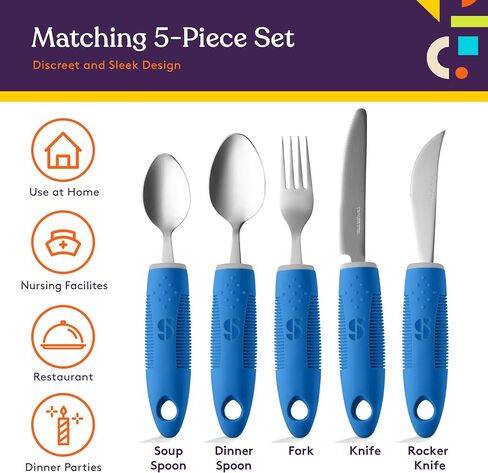 Special Supplies Adaptive Utensils (5-Piece Kitchen Set) Wide, Non-Weighted, Non-Slip Handles for Hand Tremors, Arthritis, Parkinson’s or Elderly Use - Stainless Steel Knives, Fork, Spoons - Blue in Saudi Arabia
