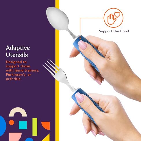 Special Supplies Adaptive Utensils (5-Piece Kitchen Set) Wide, Non-Weighted, Non-Slip Handles for Hand Tremors, Arthritis, Parkinson’s or Elderly Use - Stainless Steel Knives, Fork, Spoons - Blue in Saudi Arabia