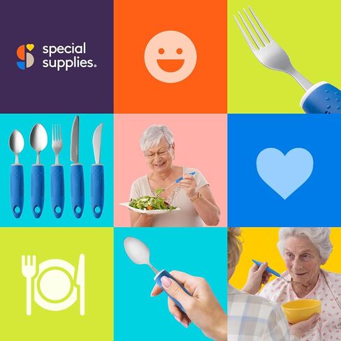 Special Supplies Adaptive Utensils (5-Piece Kitchen Set) Wide, Non-Weighted, Non-Slip Handles for Hand Tremors, Arthritis, Parkinson’s or Elderly Use - Stainless Steel Knives, Fork, Spoons - Blue in Saudi Arabia