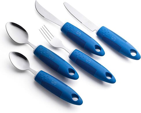 Special Supplies Adaptive Utensils (5-Piece Kitchen Set) Wide, Non-Weighted, Non-Slip Handles for Hand Tremors, Arthritis, Parkinson’s or Elderly Use - Stainless Steel Knives, Fork, Spoons - Blue in Saudi Arabia