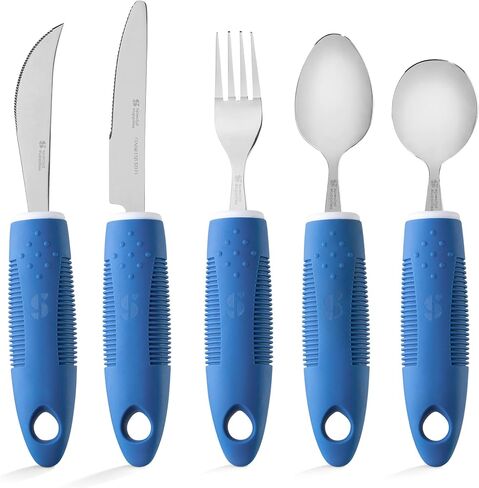 Special Supplies Adaptive Utensils (5-Piece Kitchen Set) Wide, Non-Weighted, Non-Slip Handles for Hand Tremors, Arthritis, Parkinson’s or Elderly Use - Stainless Steel Knives, Fork, Spoons - Blue in Saudi Arabia