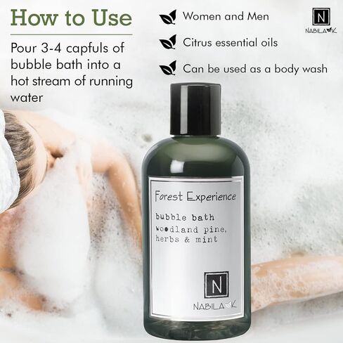 Nabila K - Forest Experience - Bubble Bath - Natural Ingredients - Essential Oils - Sensitive Skin - Tear-Free - Gentle - Moisturizing - Luxury Bubble Bath - Women & Men - Pine, Fir & Wild Mint - 8oz in Saudi Arabia