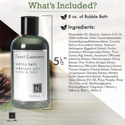 Nabila K - Forest Experience - Bubble Bath - Natural Ingredients - Essential Oils - Sensitive Skin - Tear-Free - Gentle - Moisturizing - Luxury Bubble Bath - Women & Men - Pine, Fir & Wild Mint - 8oz in Saudi Arabia