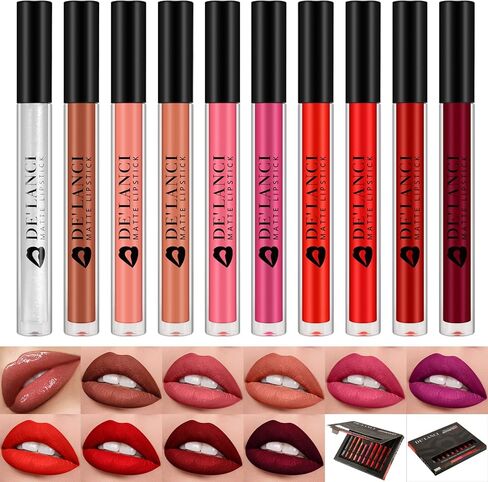 أحمر شفاه سائل غير لامع 9 ألوان من DE'LANCI + مجموعة ملمع شفاه لامعة تدوم طويلاً، كوب غير لاصق، لا يبهت، أحمر شفاه يدوم 24 ساعة، هدية عيد الميلاد للفتيات/النساء، نباتي in Kuwait
