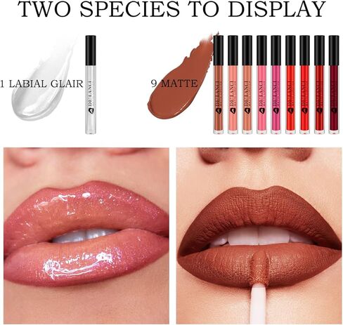 أحمر شفاه سائل غير لامع 9 ألوان من DE'LANCI + مجموعة ملمع شفاه لامعة تدوم طويلاً، كوب غير لاصق، لا يبهت، أحمر شفاه يدوم 24 ساعة، هدية عيد الميلاد للفتيات/النساء، نباتي in Kuwait