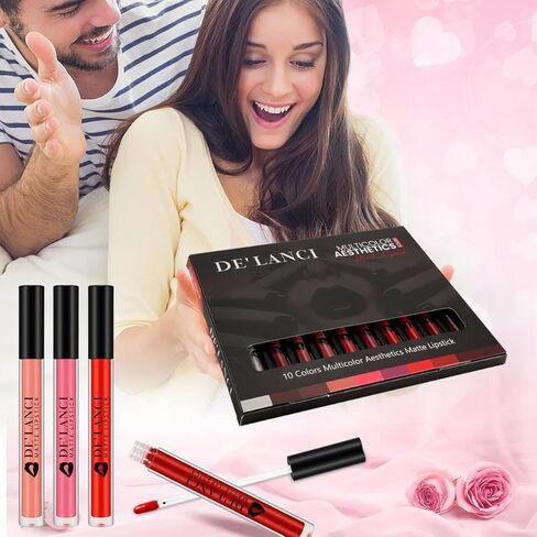 أحمر شفاه سائل غير لامع 9 ألوان من DE'LANCI + مجموعة ملمع شفاه لامعة تدوم طويلاً، كوب غير لاصق، لا يبهت، أحمر شفاه يدوم 24 ساعة، هدية عيد الميلاد للفتيات/النساء، نباتي in Kuwait