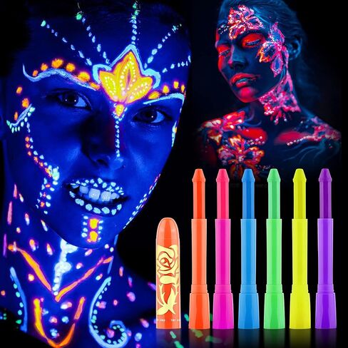 ccbeauty 12 جهاز كمبيوتر شخصى الأشعة فوق البنفسجية يتوهج في الأشعة فوق البنفسجية ضوء الجسم الأسود الطلاء، الطباشير الملون الجسم النيون الفلورسنت للبالغين، مجموعة الرسم على الوجه للأطفال عيد ميلاد حزب هالوين حفلة تنكرية ماكياج ماكياج في الهواء الطلق in Kuwait