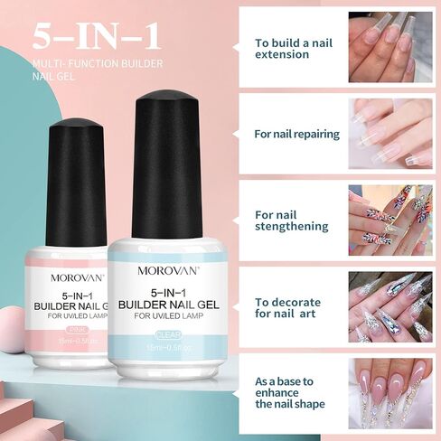 موروفان مجموعة جل اظافر 5 في 1 - جيدة للمبتدئين، جل اظافر شفاف وزهري للاظافر، جل صلب بالاشعة فوق البنفسجية لمجموعة وصلات الاظافر، جل اظافر بلونين في زجاجة تقوية الاظافر in Kuwait
