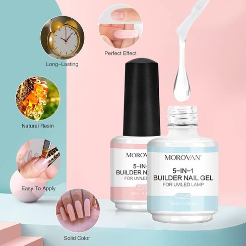 موروفان مجموعة جل اظافر 5 في 1 - جيدة للمبتدئين، جل اظافر شفاف وزهري للاظافر، جل صلب بالاشعة فوق البنفسجية لمجموعة وصلات الاظافر، جل اظافر بلونين في زجاجة تقوية الاظافر in Kuwait