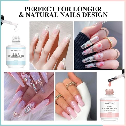موروفان مجموعة جل اظافر 5 في 1 - جيدة للمبتدئين، جل اظافر شفاف وزهري للاظافر، جل صلب بالاشعة فوق البنفسجية لمجموعة وصلات الاظافر، جل اظافر بلونين في زجاجة تقوية الاظافر in Kuwait