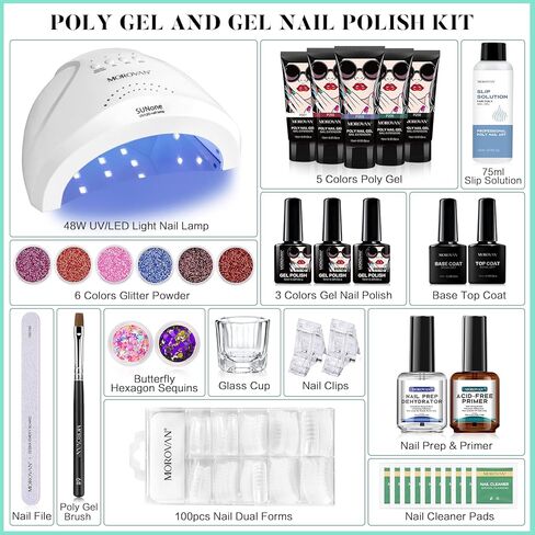طقم أظافر بولي جل من موروفان مع مصباح أظافر LED بقدرة 48 وات، ومجفف أظافر لامع وإعدادات برايمر بولي جل للأظافر، جل تمديد للأظافر، مستلزمات فن الأظافر، مجموعات جل بولي مع كل شيء in Kuwait